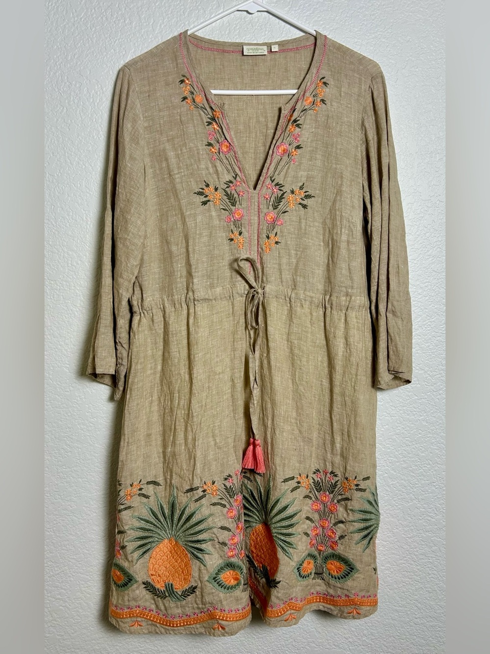 Spartina 449 100% Linen Embroidered Pineapple Dress Tunic Size Large